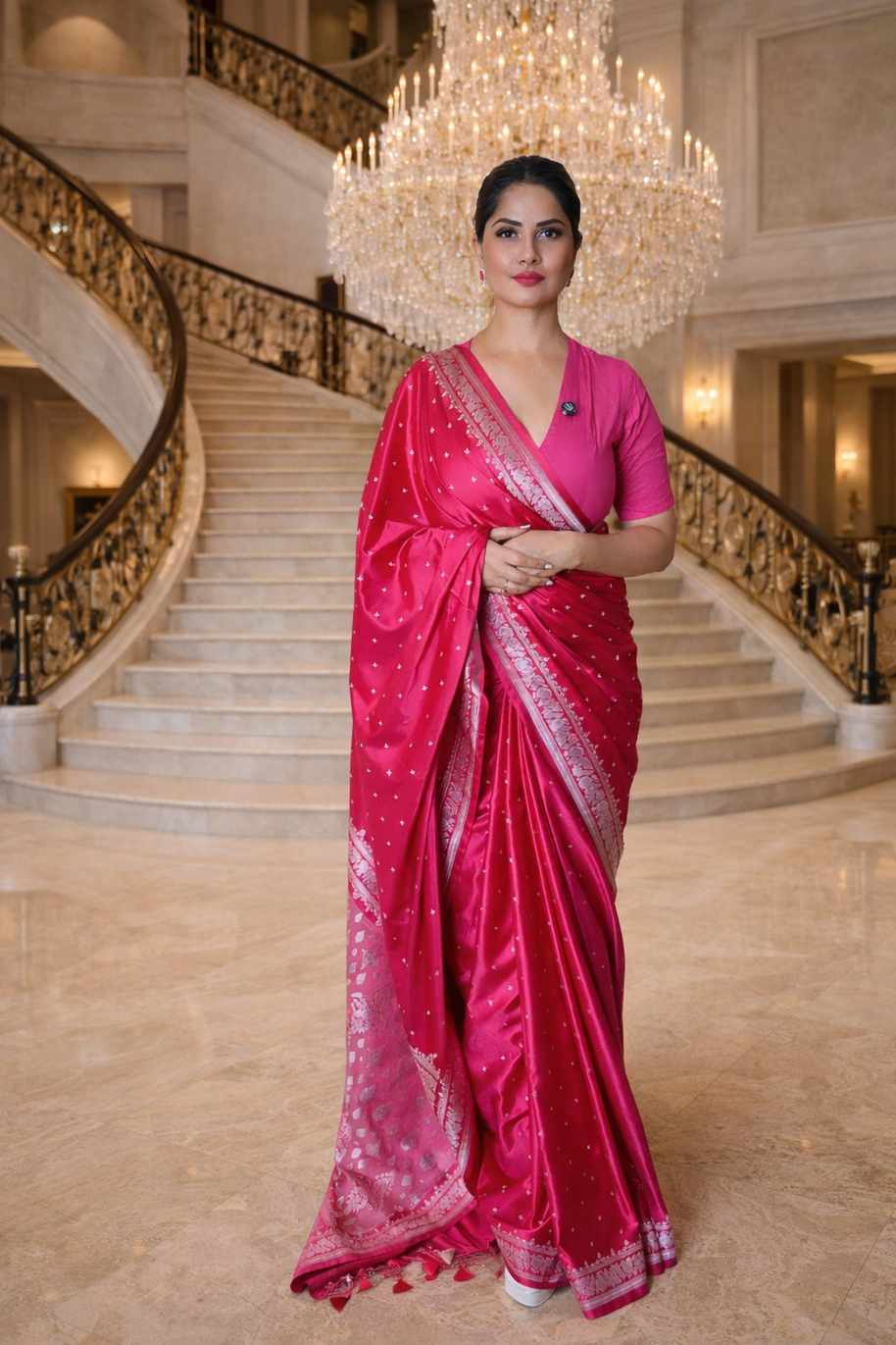 Bright Rani Pink Mashru Katan Silk Banarasi Saree