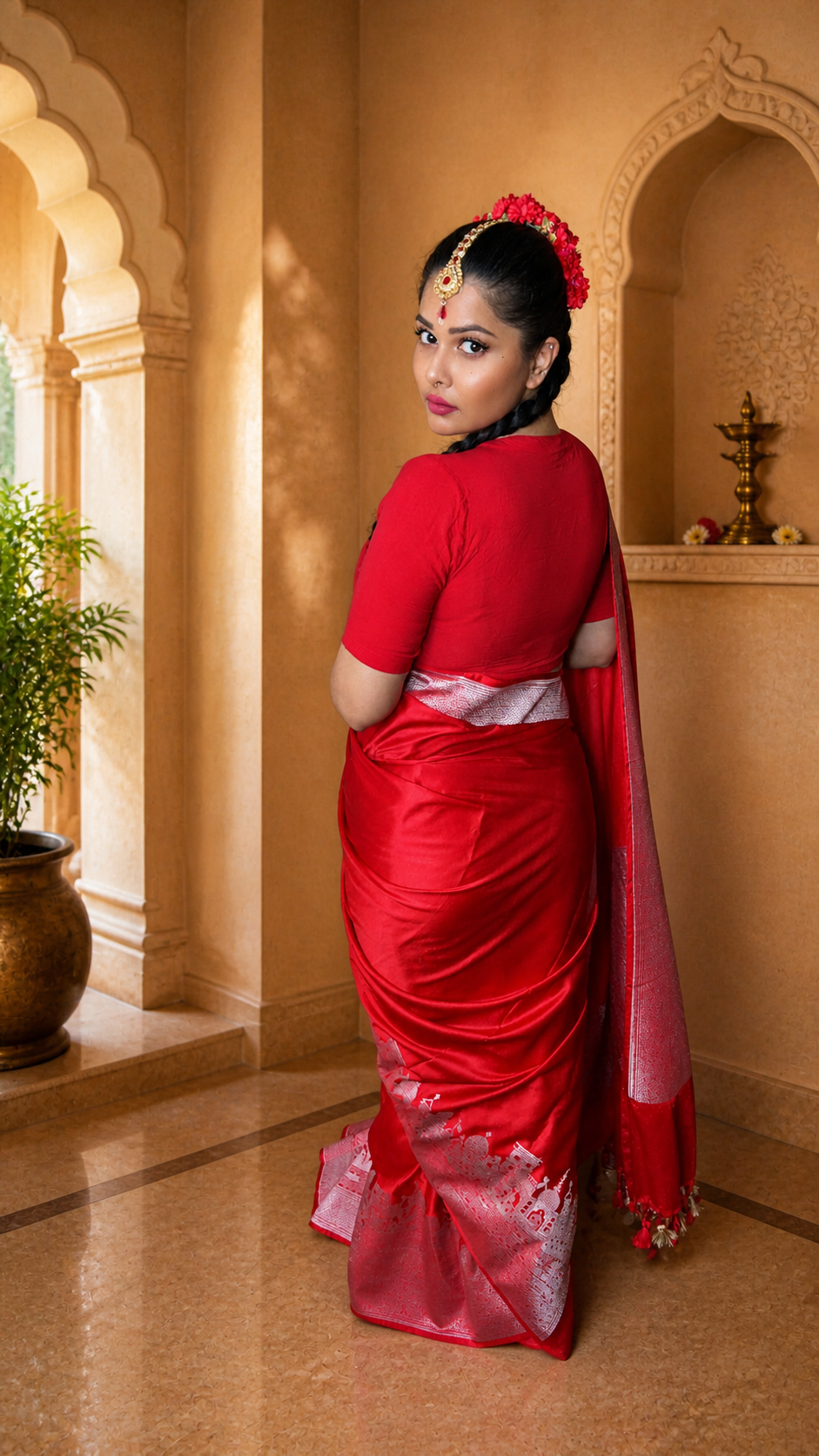 Bridal Red Mashru Katan Silk Banarasi Saree – Ghats Inspired Weave