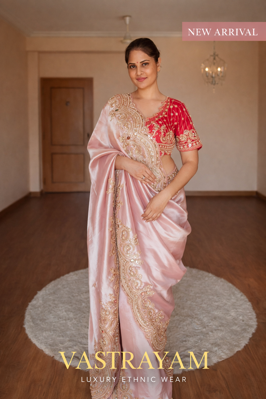 VASTRAYAM Pink Handwork Silk Saree with Designer Blouse