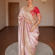 VASTRAYAM Pink Handwork Silk Saree with Designer Blouse