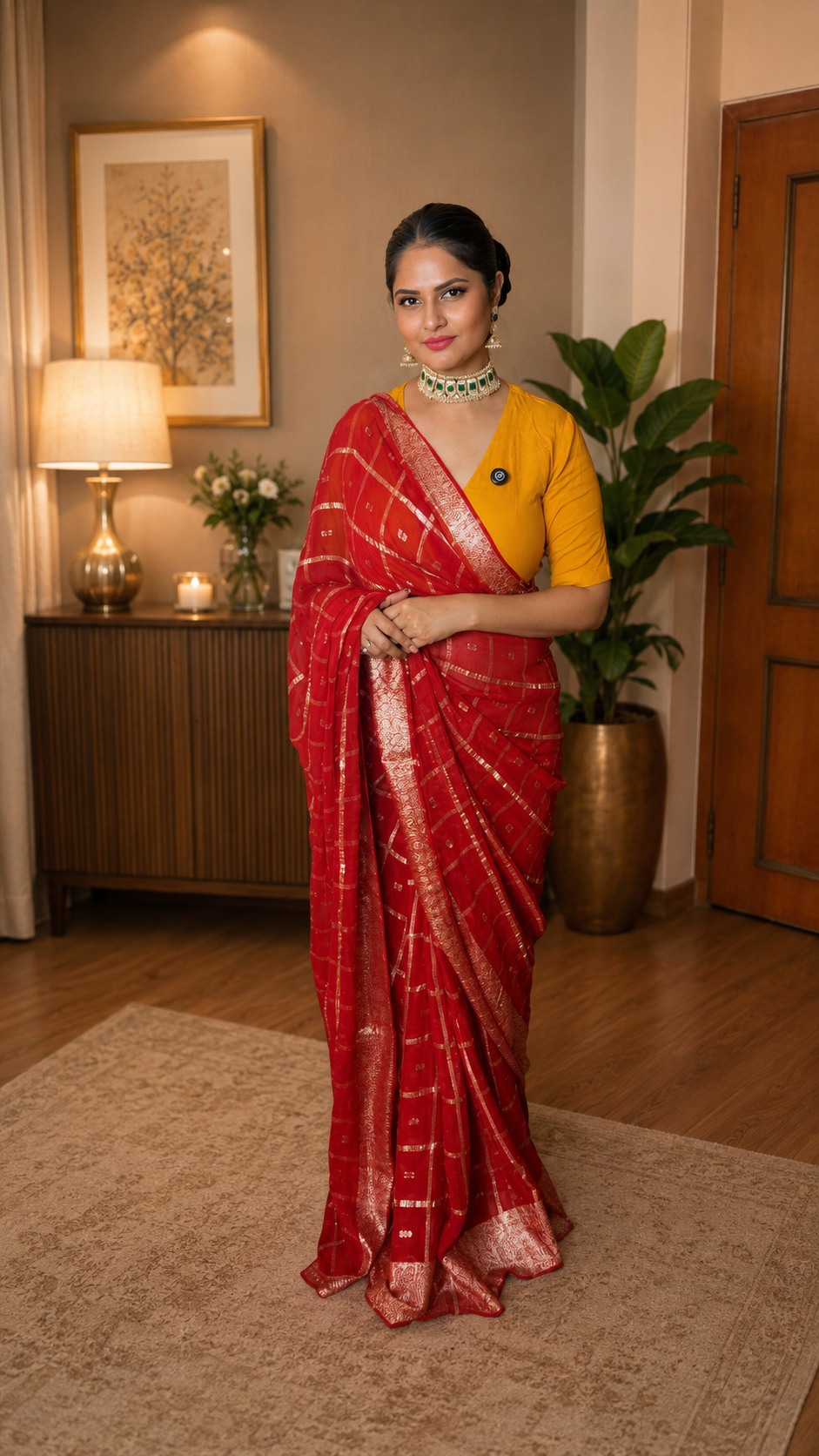❤️ Royal Red Bandhani Georgette Saree with Golden Zari Work