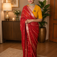 ❤️ Royal Red Bandhani Georgette Saree with Golden Zari Work