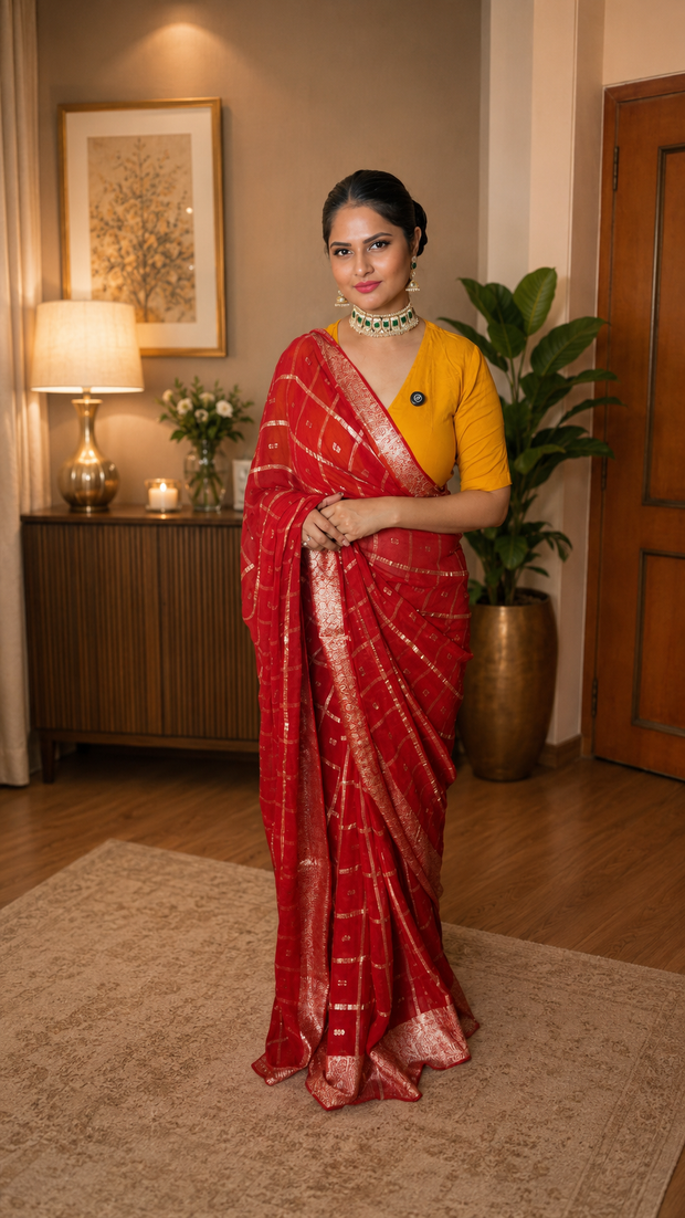 ❤️ Royal Red Bandhani Georgette Saree with Golden Zari Work