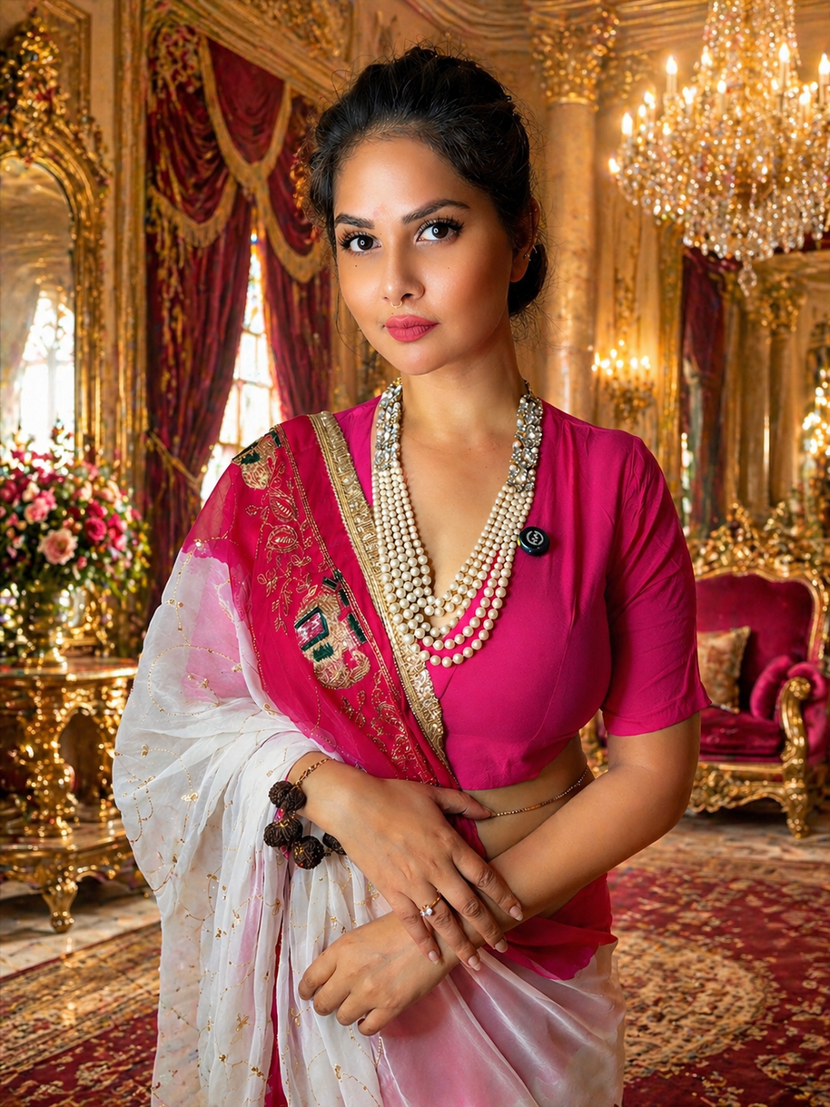VASTRAYAM Premium White Pink Ombre Georgette Saree