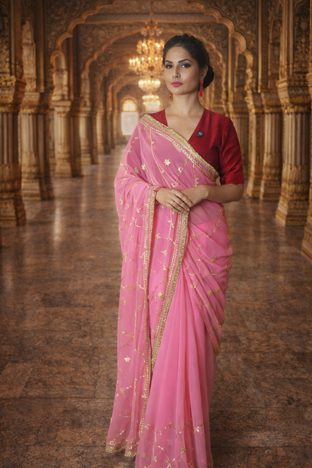 VASTRAYAM Exclusive Pink Georgette Saree with Gold Embroidery