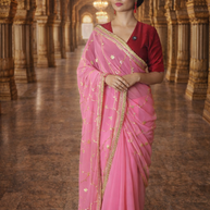 VASTRAYAM Exclusive Pink Georgette Saree with Gold Embroidery