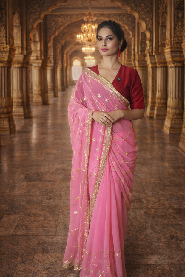 VASTRAYAM Exclusive Pink Georgette Saree with Gold Embroidery