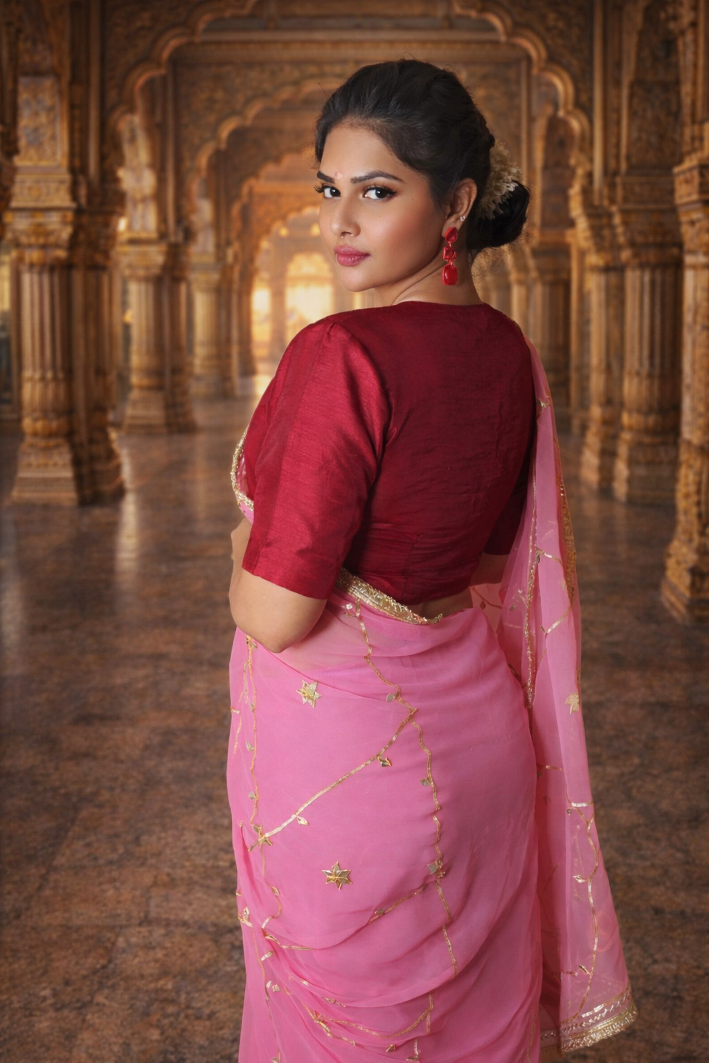 VASTRAYAM Exclusive Pink Georgette Saree with Gold Embroidery