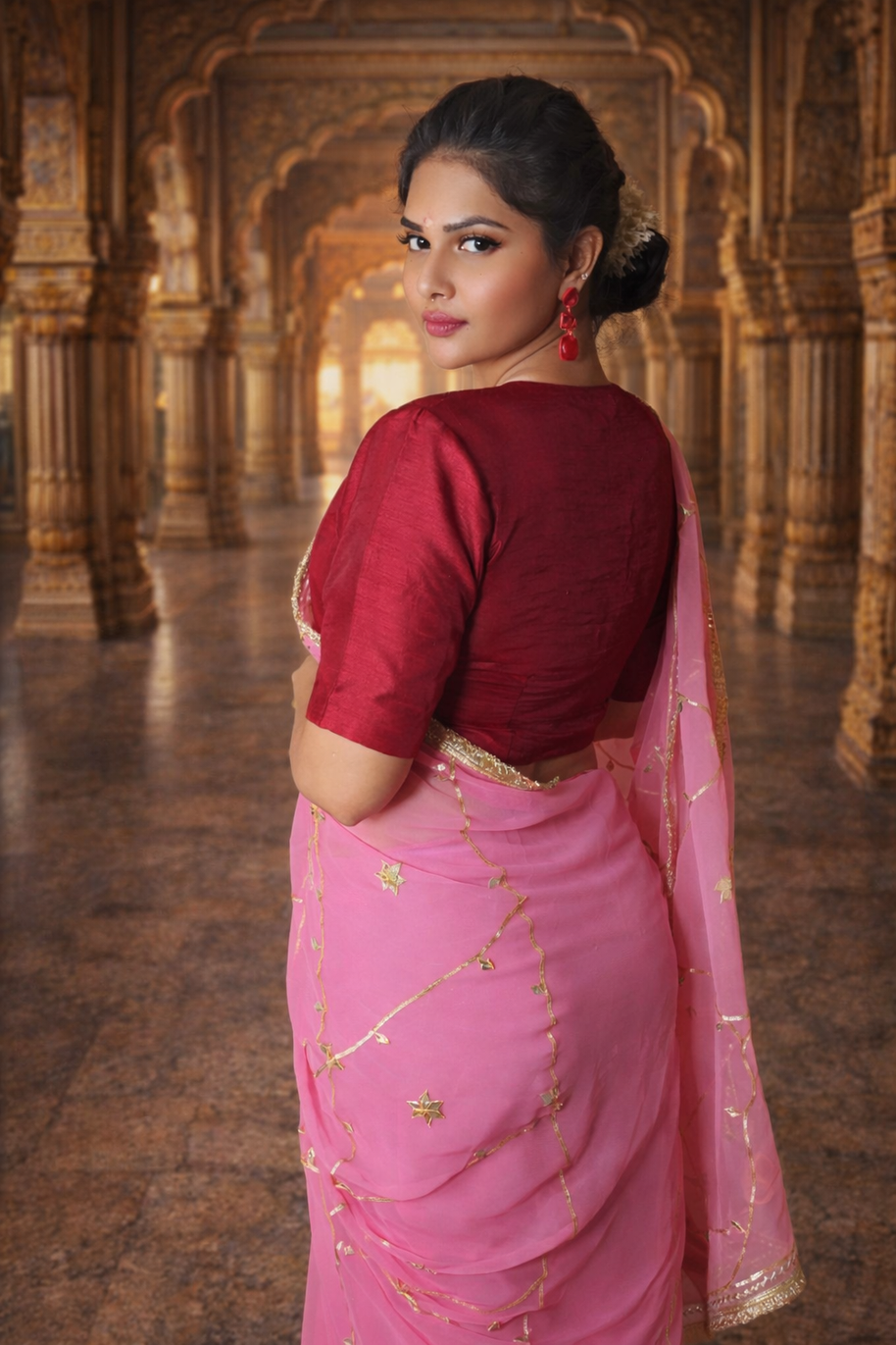 VASTRAYAM Exclusive Pink Georgette Saree with Gold Embroidery