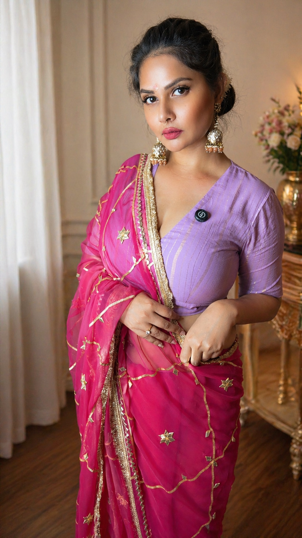 VASTRAYAM Rani Pink Georgette Saree With Golden Work
