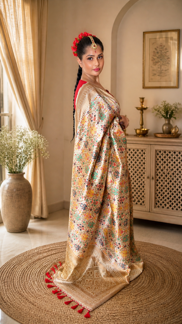 Off White Banarasi Silk Saree With Zari Weaving Work