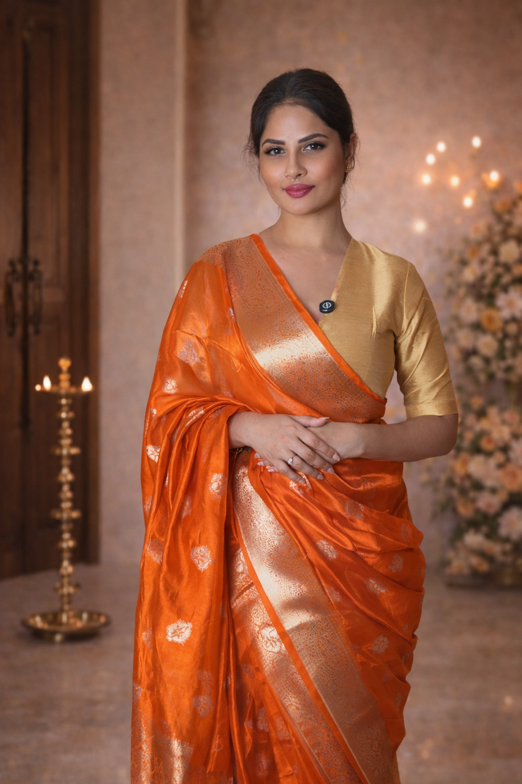 Metallic Orange Tissue Silk Meenakari Banarasi Saree