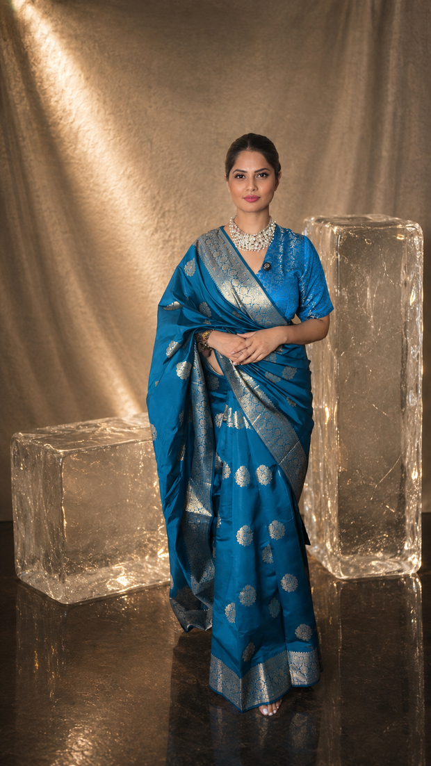 VASTRAYAM Kaishori Firozi Soft Banarasi Silk Saree