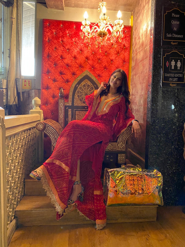 VASTRAYAM Exclusive Red Bandhni Designer Long Kurti – One Piece Only