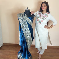 VASTRAYAM Exclusive Navy Blue Satin Silk Saree with Banarasi Weave