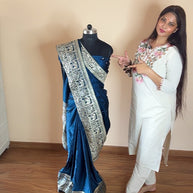 VASTRAYAM Exclusive Navy Blue Satin Silk Saree with Banarasi Weave