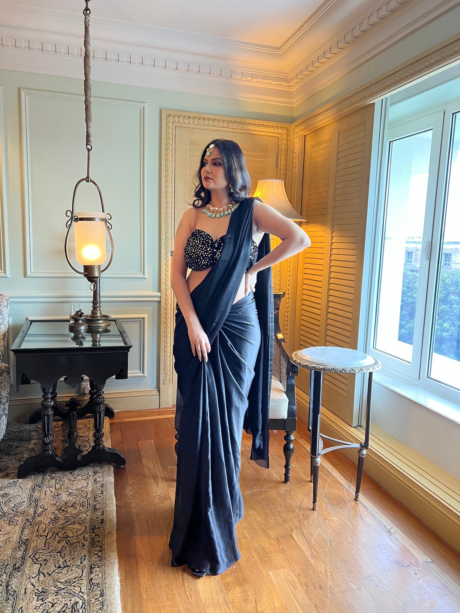 VASTRAYAM Exclusive Black Draped Saree – One Piece Only