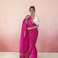 VASTRAYAM Royal Pink Pure Chinon Silk Bandhej Saree