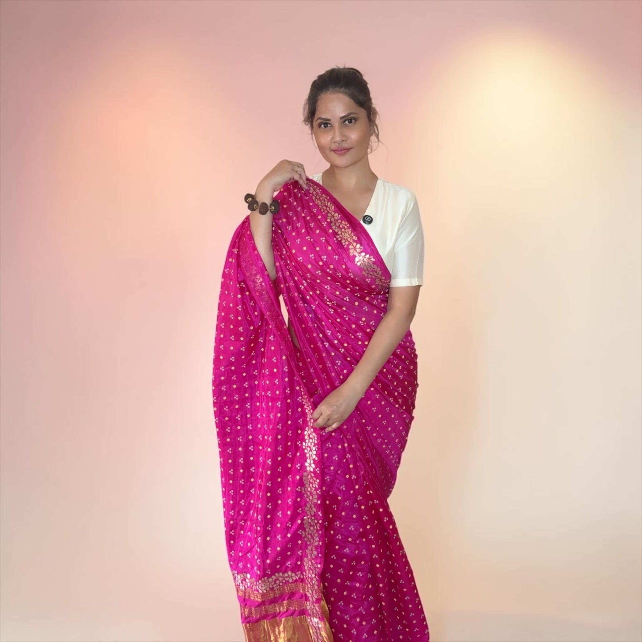 VASTRAYAM Royal Pink Pure Chinon Silk Bandhej Saree
